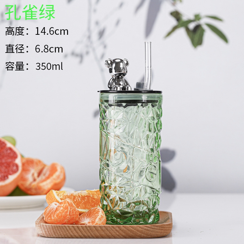 Creative Bear Diamond Straw Cup with Lid for Office Home High-Value Water Glass Cup