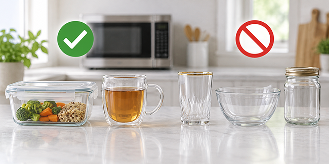 Microwave-safe glassware compared with glassware not suitable for microwave use