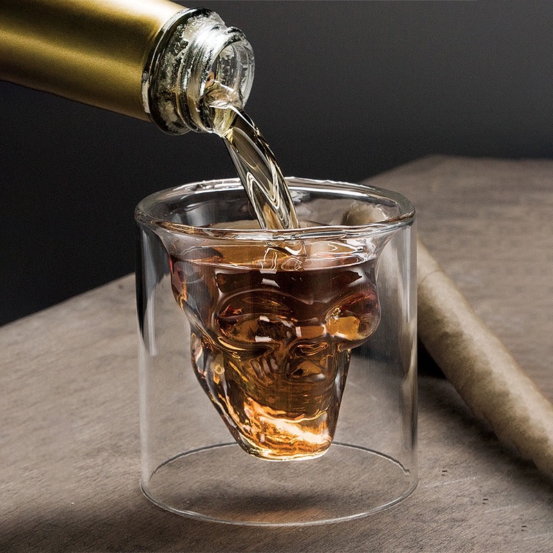 Heat Resisting Borosilicate skull Shaped Double Wall Wine Whisky Glass