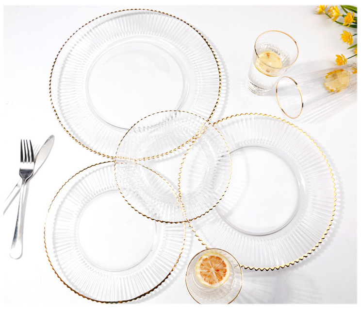 Factory price wholesale strip gold rim glass charger plate set