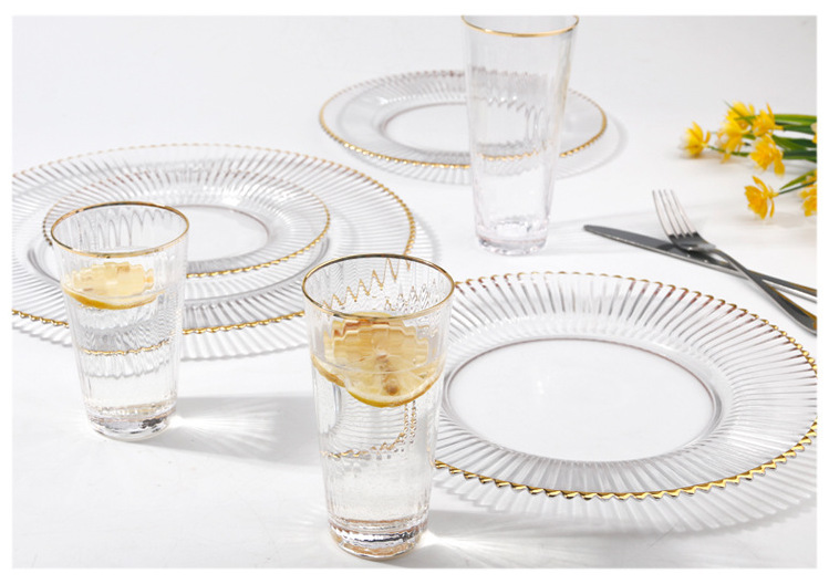 Factory price wholesale strip gold rim glass charger plate set