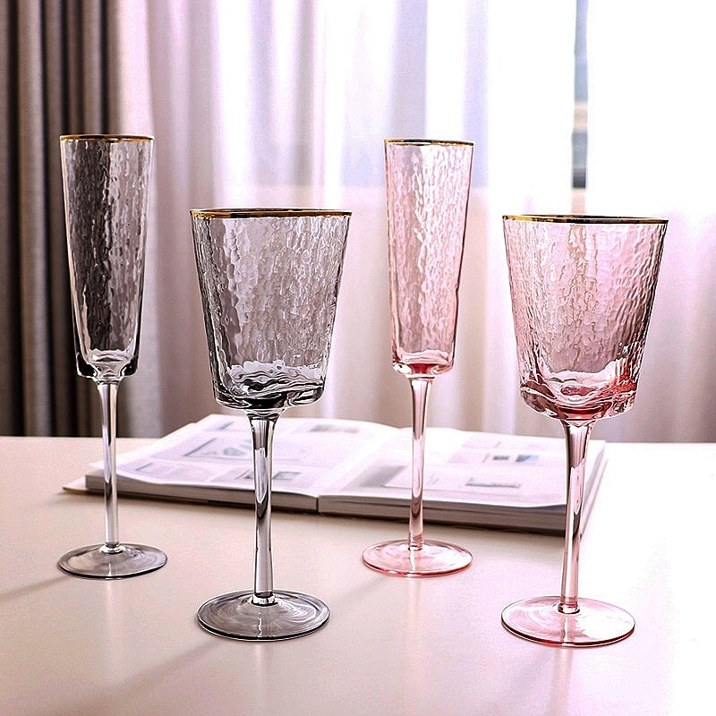 Crystal glass wine goblet hammer champagne glass with gold rim wine glass 