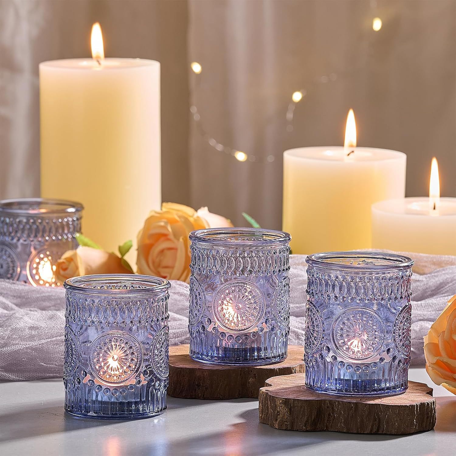Blue embossed glass candle holder wholesale front view