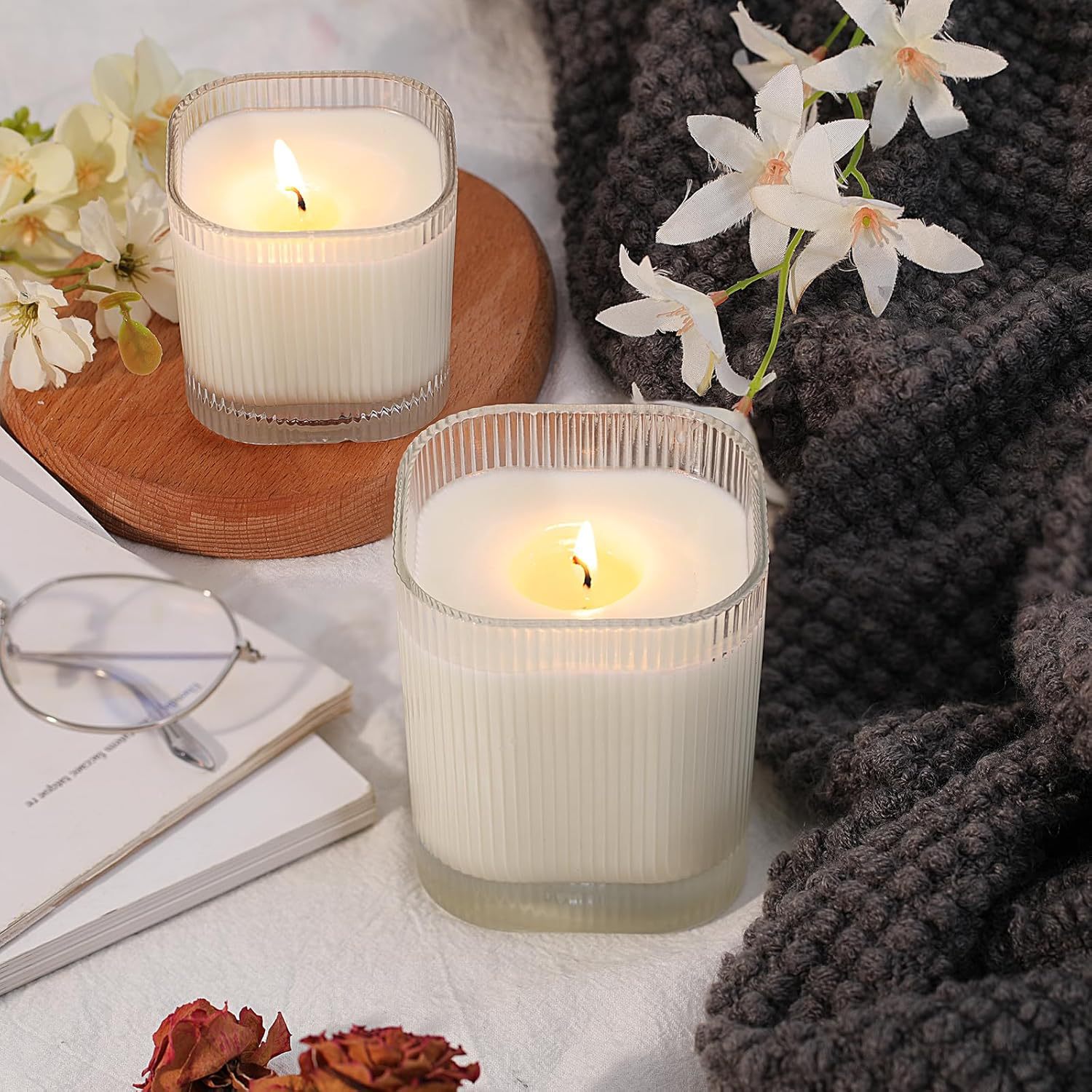Square ribbed clear glass candle jar wholesale