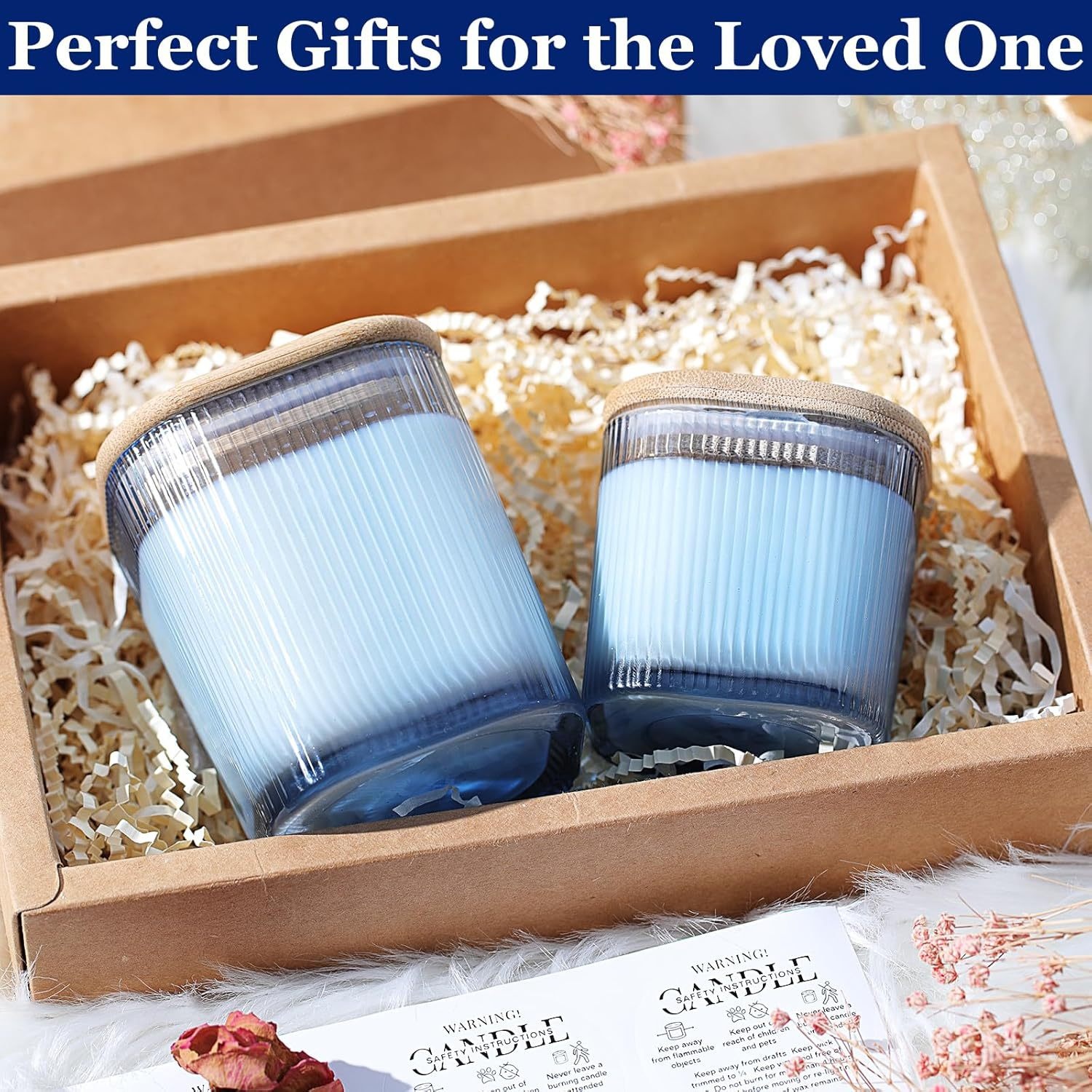 Blue square ribbed glass candle jars in gift packaging scene