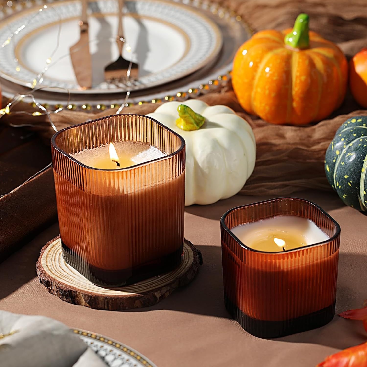 Amber square ribbed glass candle jar wholesale