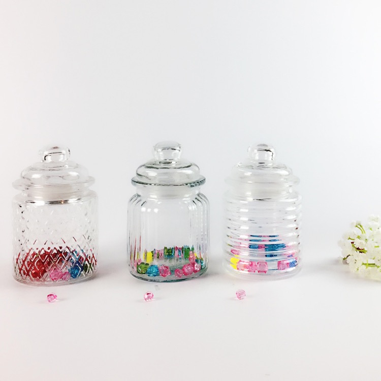 hand blown clear strip candy jars with lids