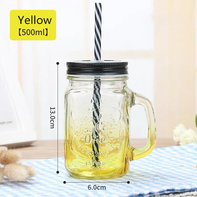 Wholesale Transparent 500 ml Mason Glass Jar with Handle Straw Fruit Beverage Mason Jar