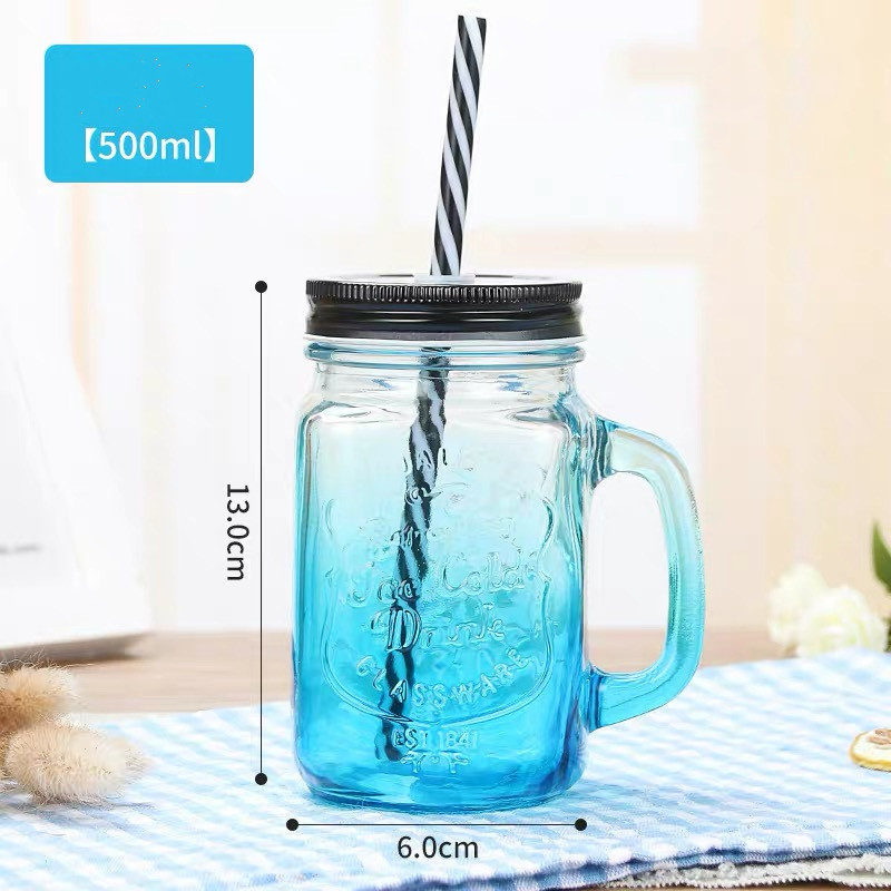 Wholesale Transparent 500 ml Mason Glass Jar with Handle Straw Fruit Beverage Mason Jar