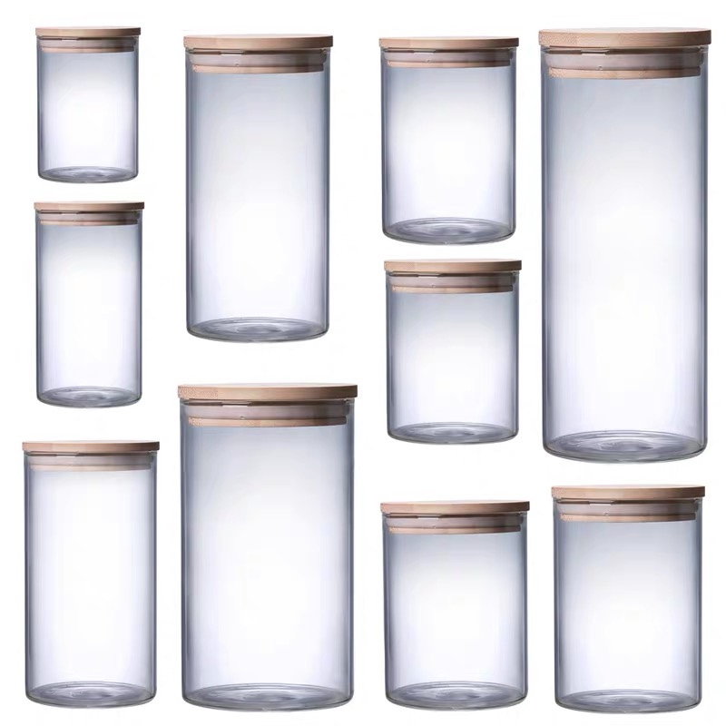 Transparent food spice weed glass bamboo wooden lid container storage jars for with bamboo cork lid