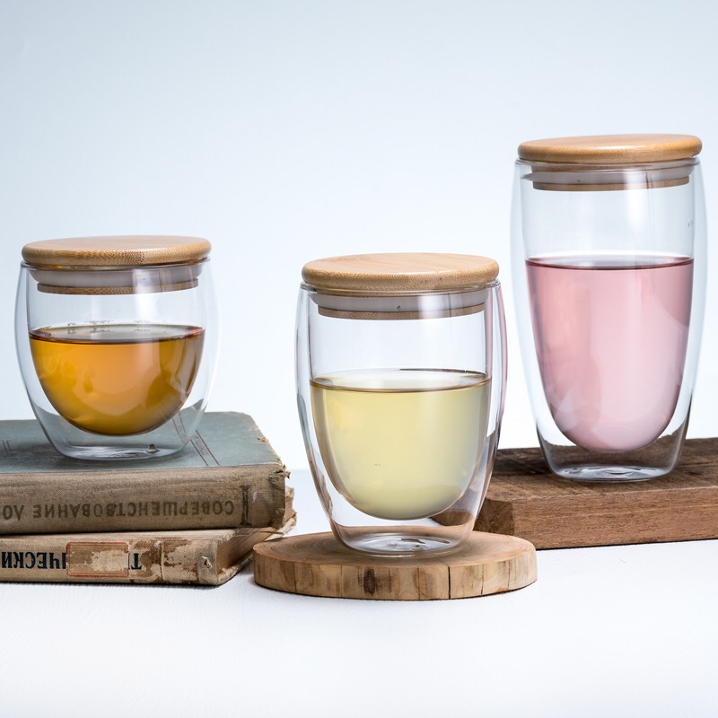 Double Wall Insulated Thermal Glass Cups Coffee mug With Bamboo Cover