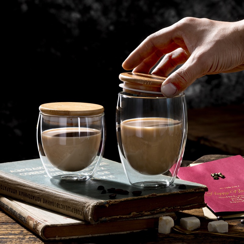 Double Wall Insulated Thermal Glass Cups Coffee mug With Bamboo Cover