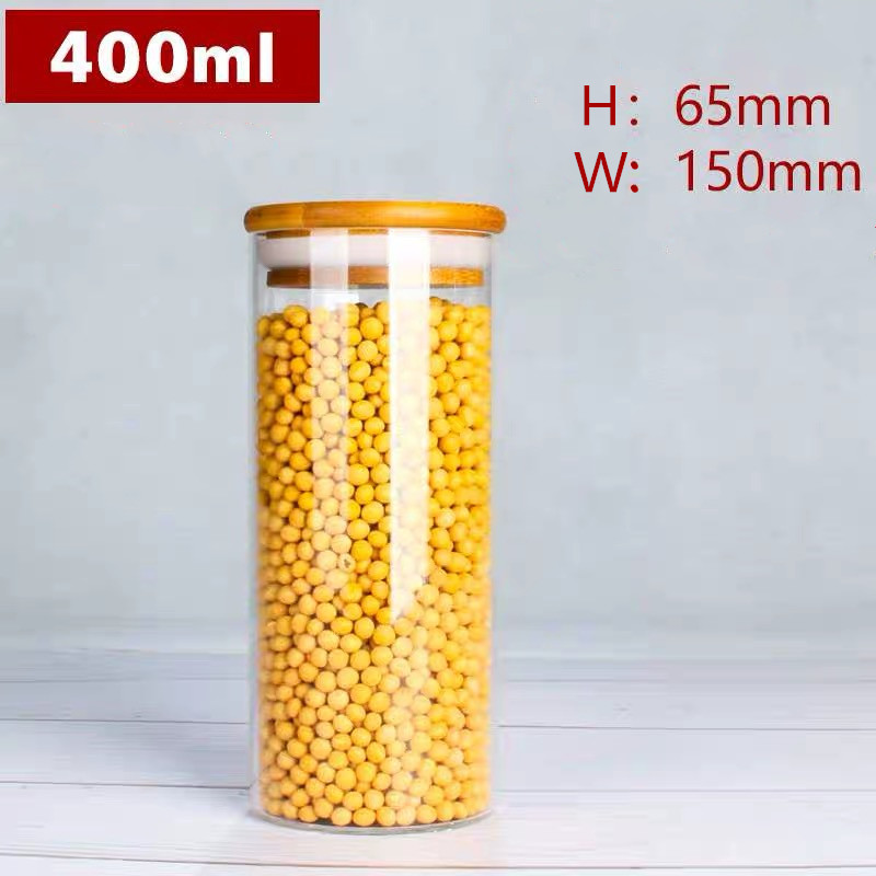 Transparent food spice weed glass bamboo wooden lid container storage jars for with bamboo cork lid
