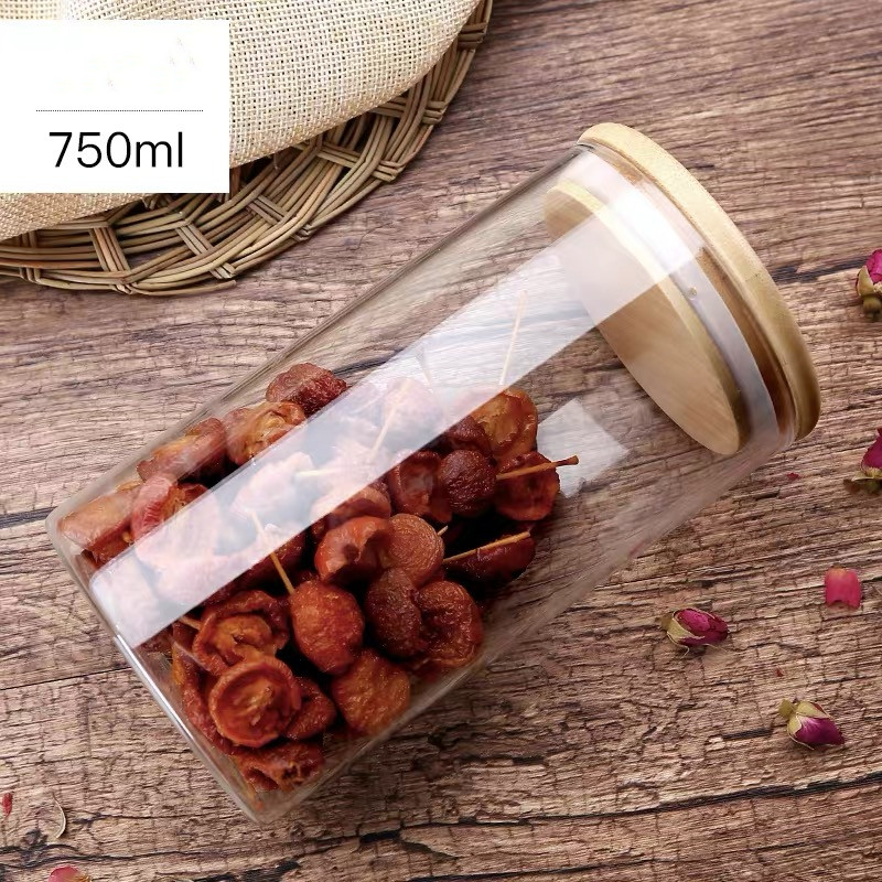 Transparent food spice weed glass bamboo wooden lid container storage jars for with bamboo cork lid