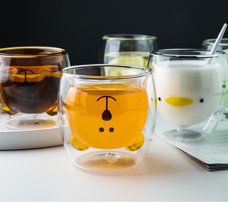 Hot selling animal design double wall glass cup coffee cup