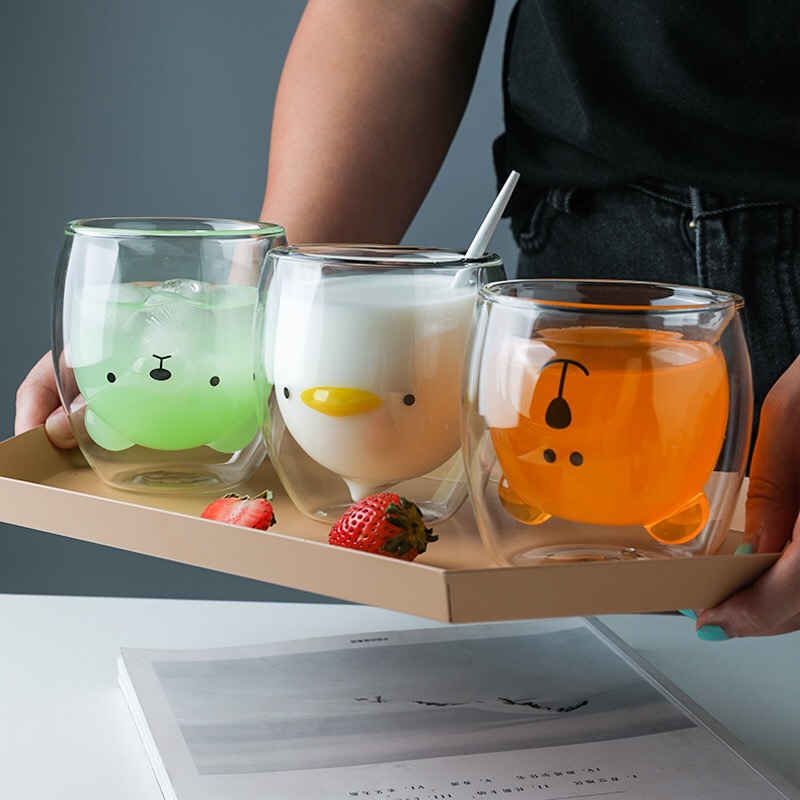Hot selling animal design double wall glass cup coffee cup