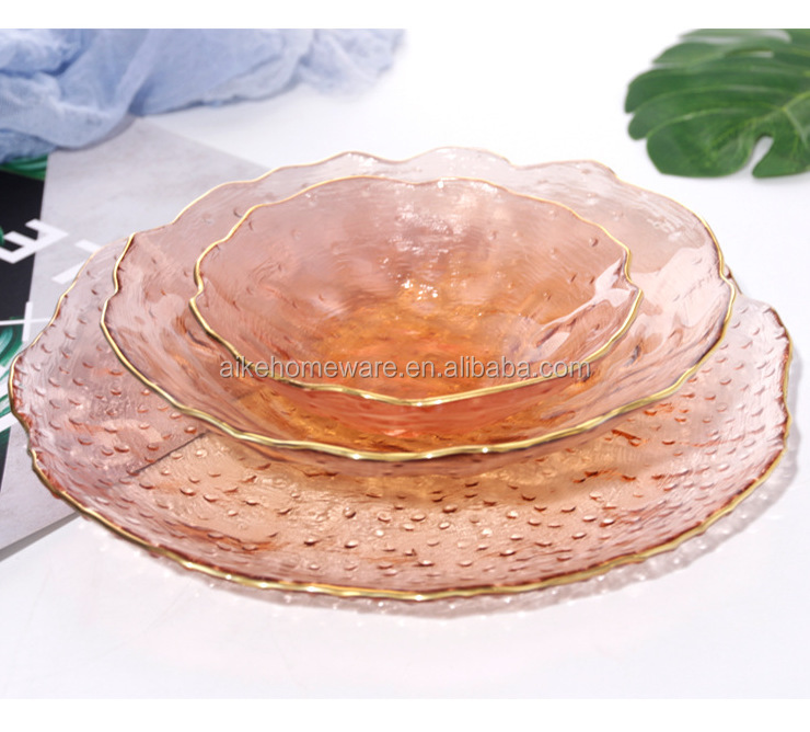 Wedding tableware clear glass beaded charger plate gold rim charger plate dinner plate luxury