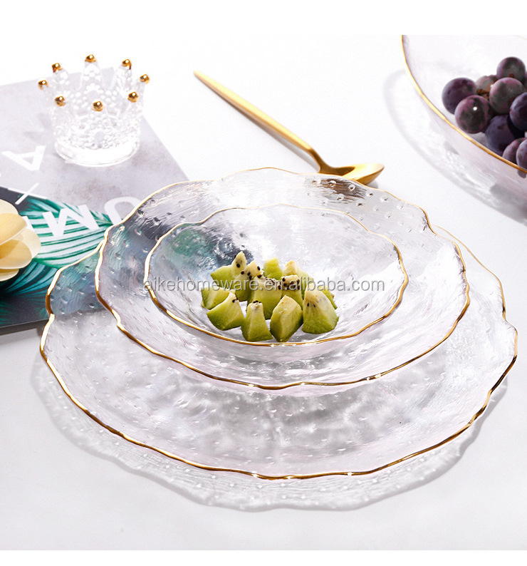 Wedding tableware clear glass beaded charger plate gold rim charger plate dinner plate luxury