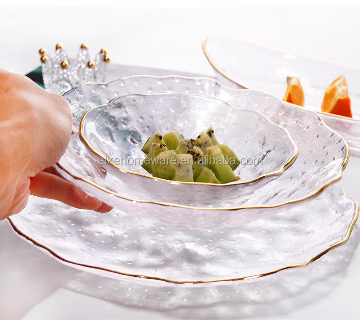 Wedding tableware clear glass beaded charger plate gold rim charger plate dinner plate luxury