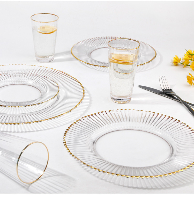 Factory price wholesale strip gold rim glass charger plate set