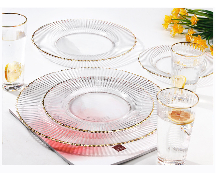 Factory price wholesale strip gold rim glass charger plate set