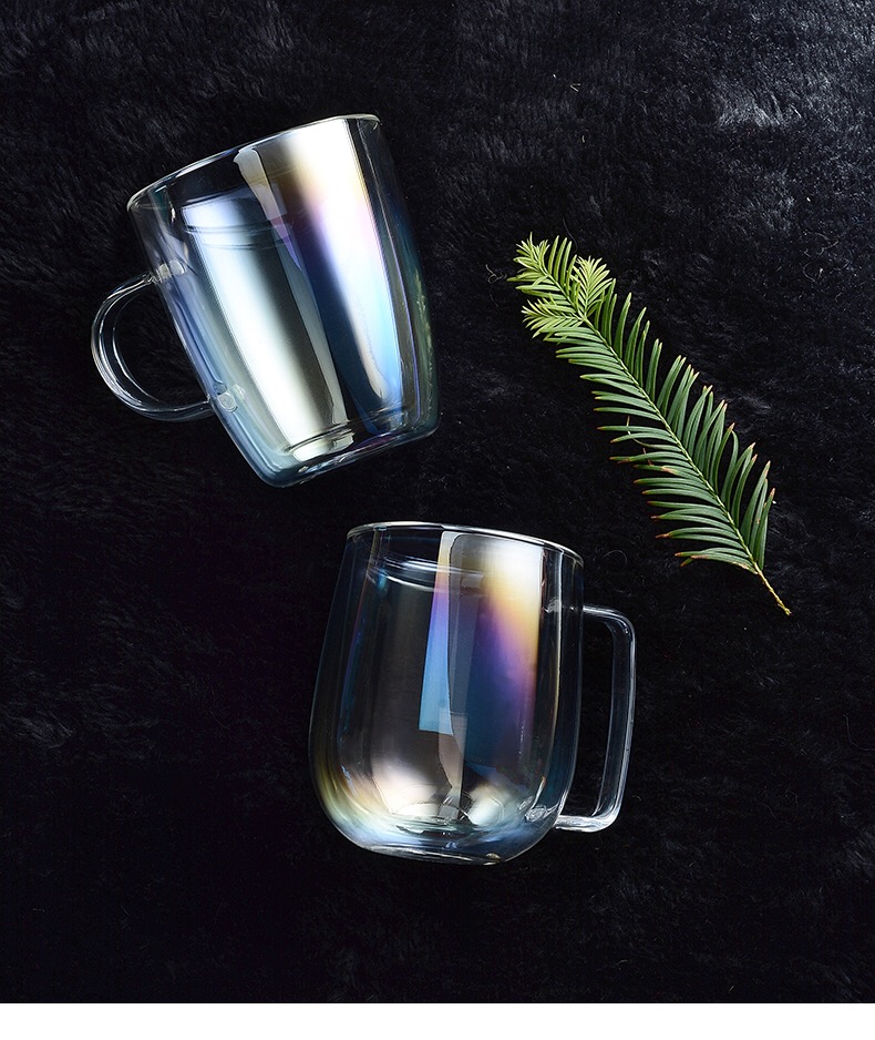New design rainbow color double wall high borosilicate heat-resistance glass creative coffee cup with handle