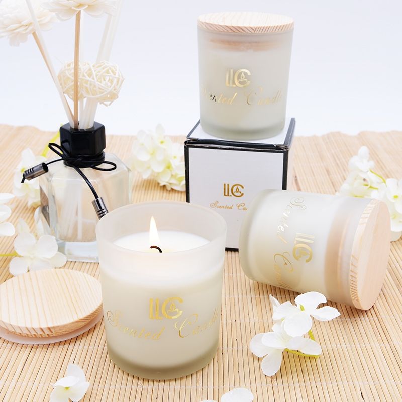 350ml white frosted cylinder candle holder with bamboo lid and color box 