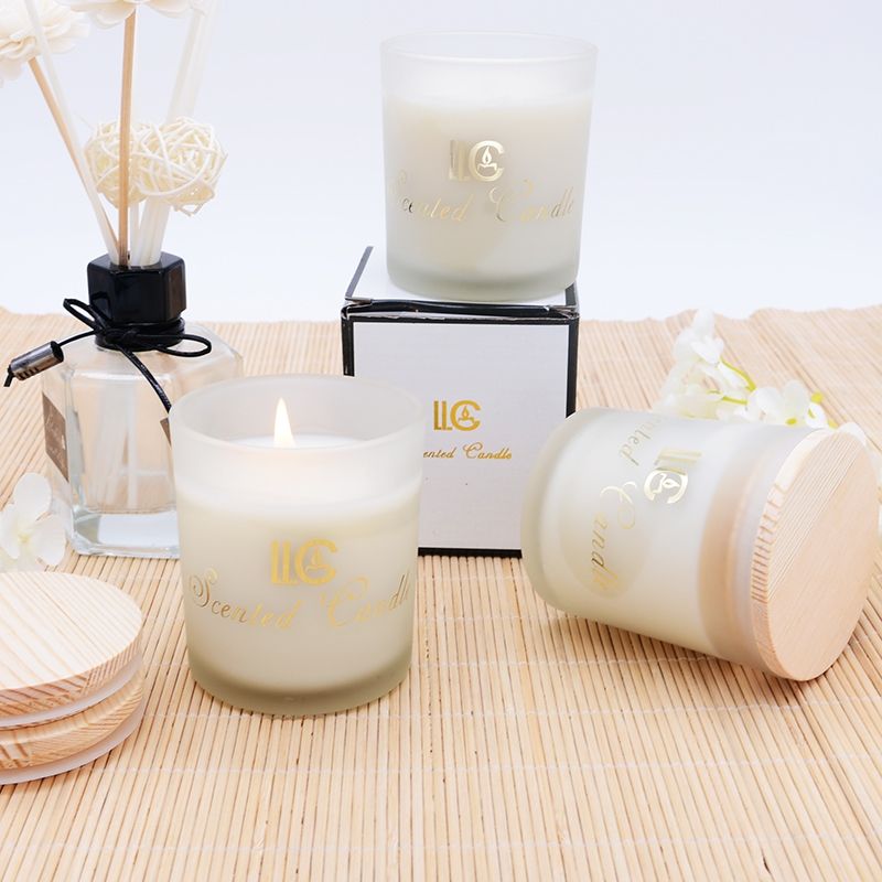 350ml white frosted cylinder candle holder with bamboo lid and color box 