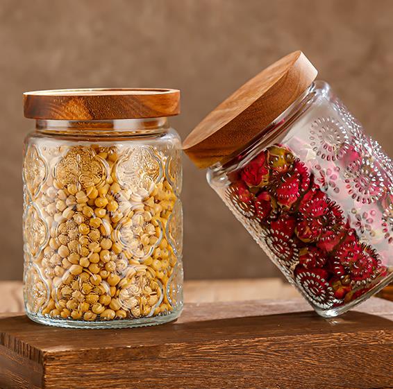 kitchen & tabletop airtight glass jar with bamboo lid and emboss