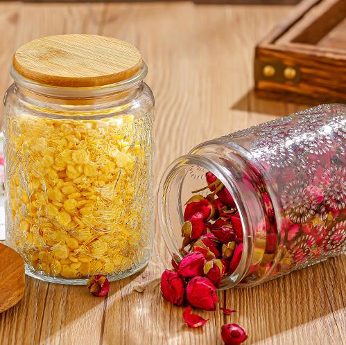 kitchen & tabletop airtight glass jar with bamboo lid and emboss