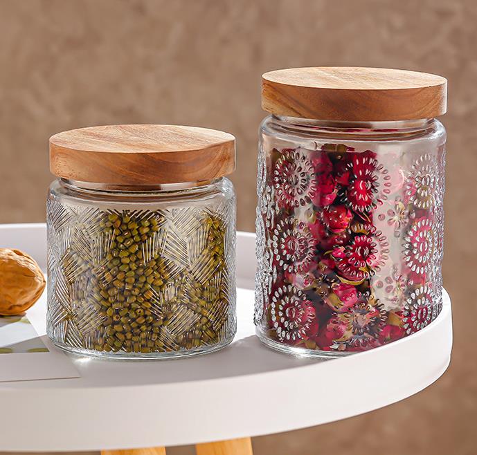 kitchen & tabletop airtight glass jar with bamboo lid and emboss
