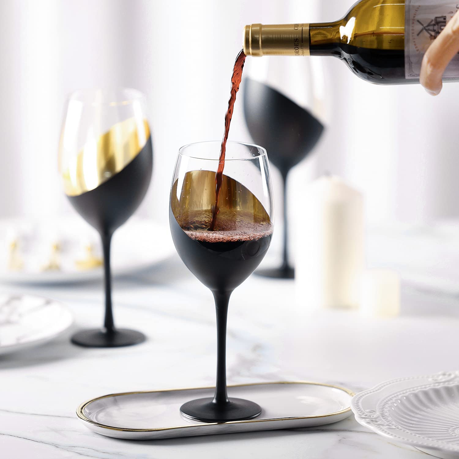 430ml Modern Matte Black & Gold Plating Goblet Wine Glass Elegant Design Glass Cups for Party