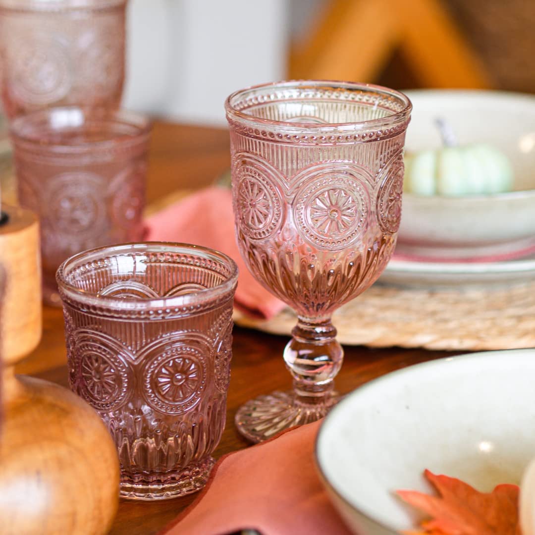 Pink Wine Glasses set of 6 pink goblets, dishwasher safe colored pink glassware vintage style for champagne flutes