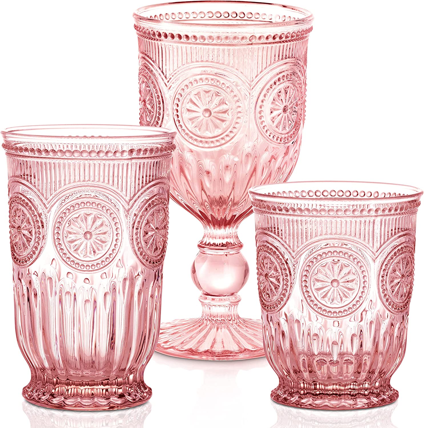 Pink Wine Glasses set of 6 pink goblets, dishwasher safe colored pink glassware vintage style for champagne flutes