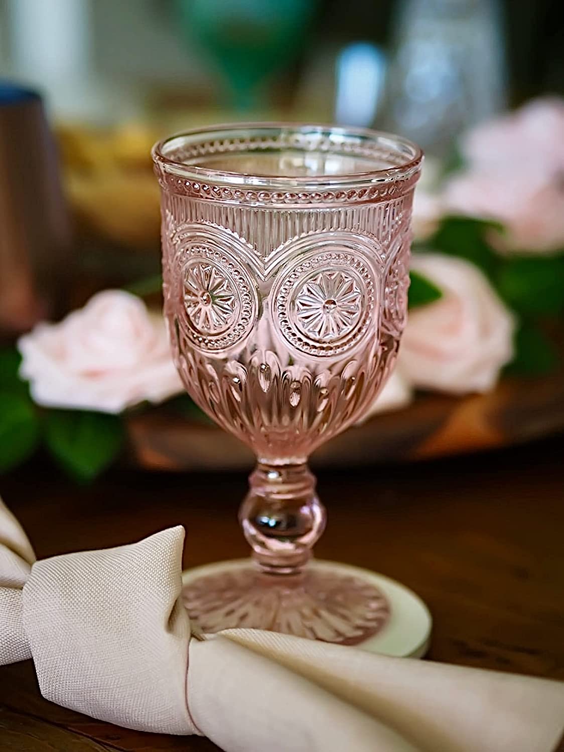 Pink Wine Glasses set of 6 pink goblets, dishwasher safe colored pink glassware vintage style for champagne flutes