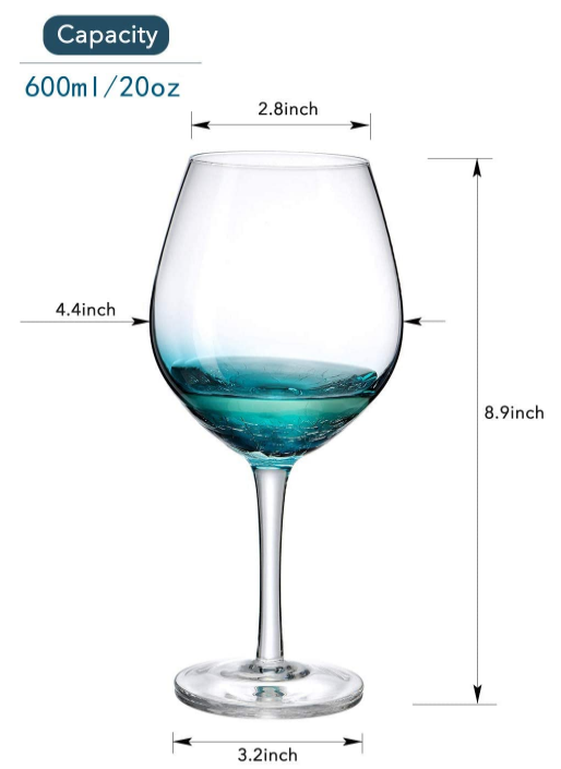 20 OZ Wine Glasses for Red or White Wine, Hand Blown Large Wine Glass Blue Crackle Lead-Free Stemmed Glassware for Gift