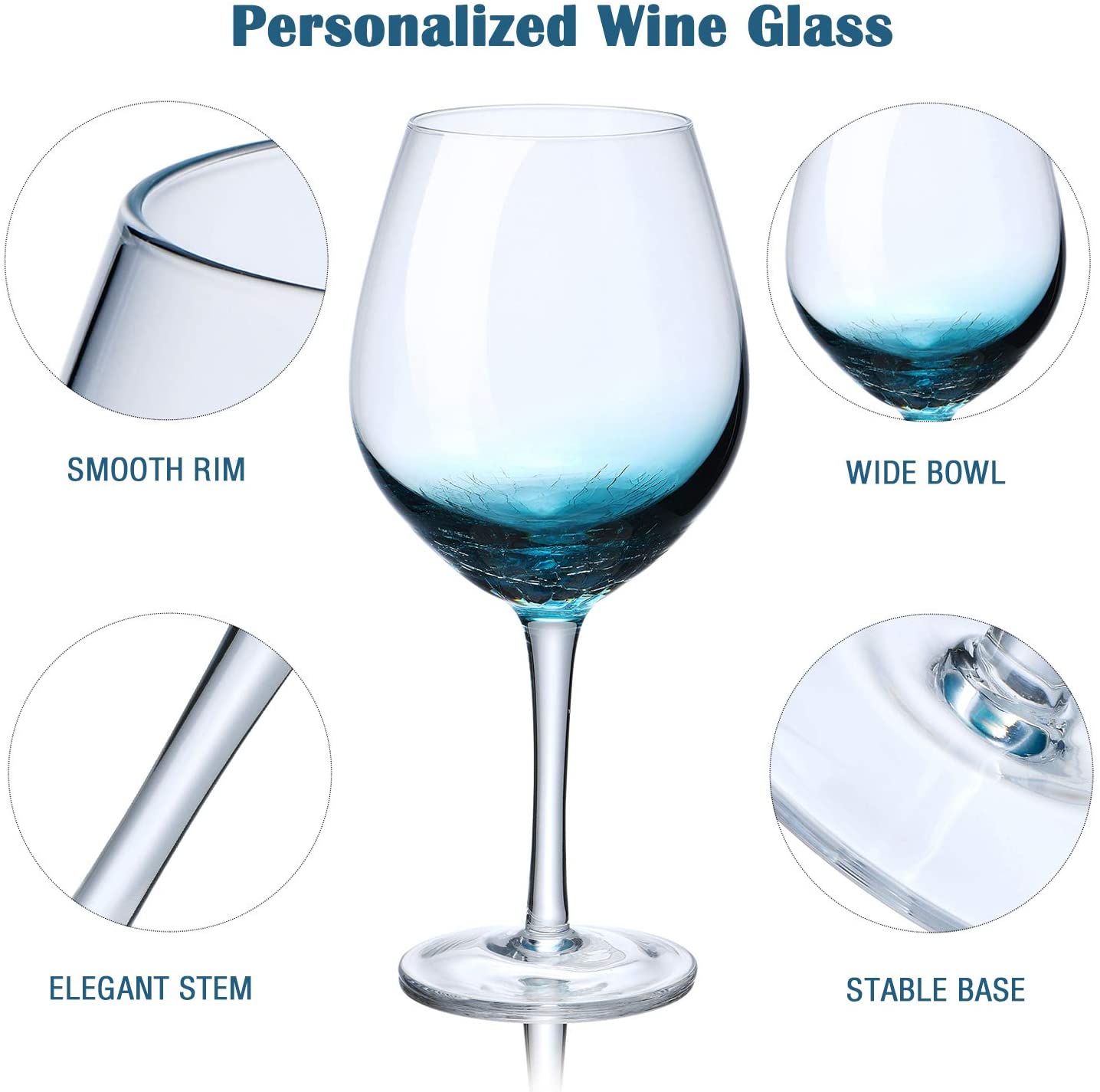 20 OZ Wine Glasses for Red or White Wine, Hand Blown Large Wine Glass Blue Crackle Lead-Free Stemmed Glassware for Gift
