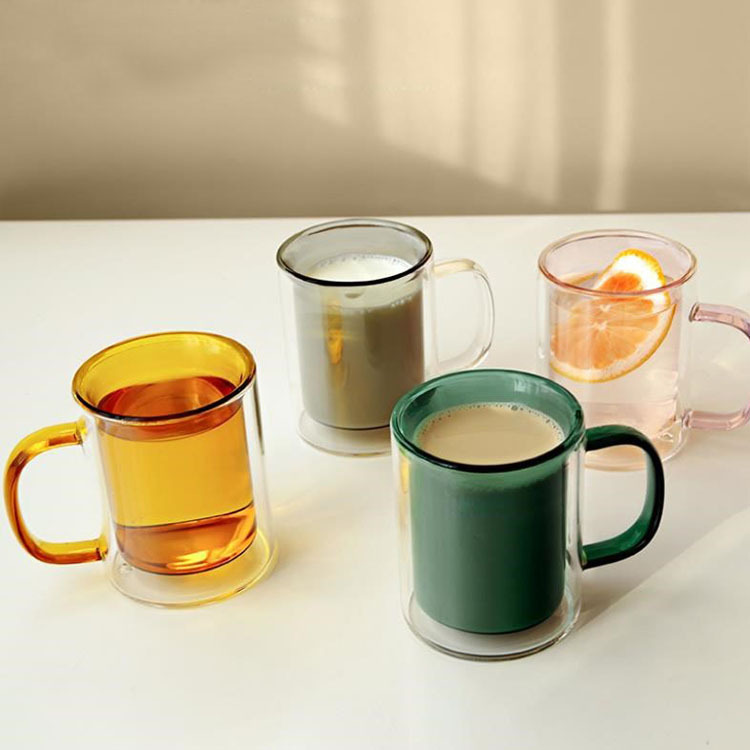 High quality double glazed coffee mug with colored tape handle glass water mug home tea coffee milk cup