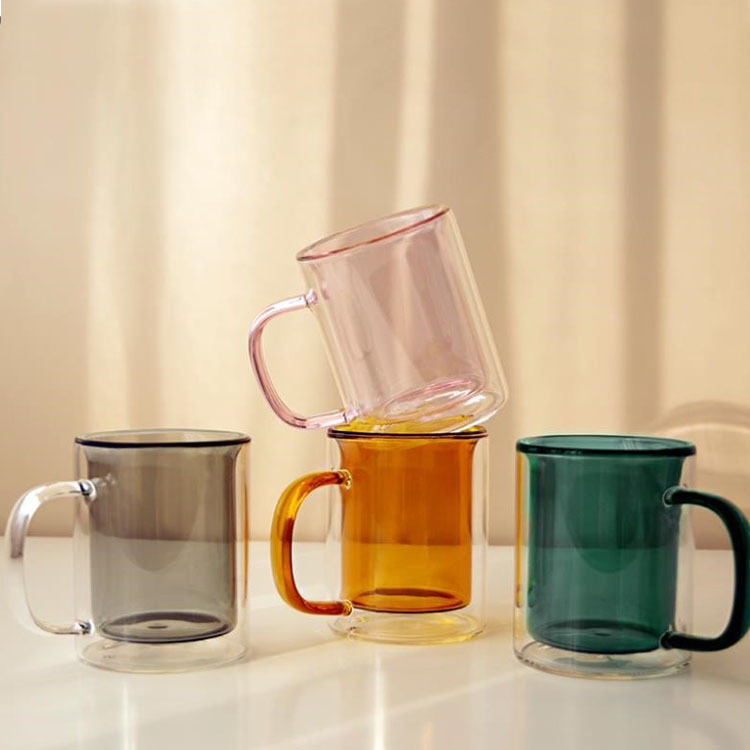 High quality double glazed coffee mug with colored tape handle glass water mug home tea coffee milk cup