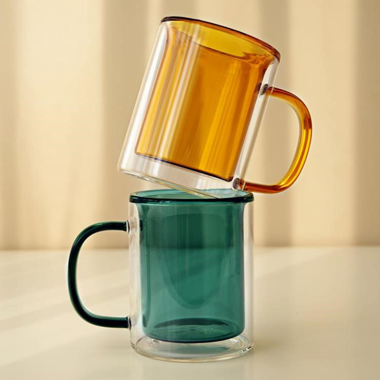 High quality double glazed coffee mug with colored tape handle glass water mug home tea coffee milk cup