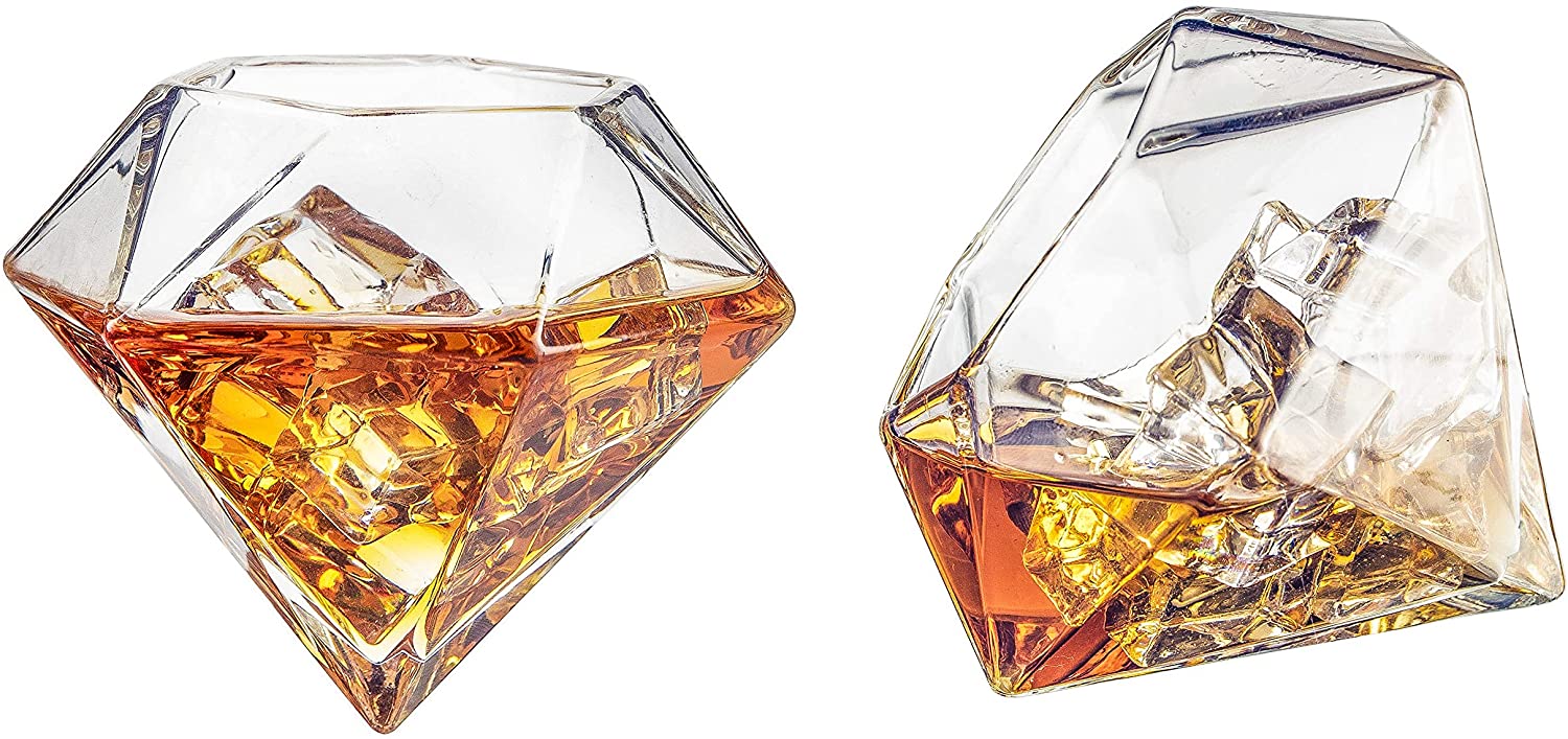 Set of 4 Diamond Whiskey & Cocktail Glasses 10oz - Real Diamond Shaped Patented Glasses