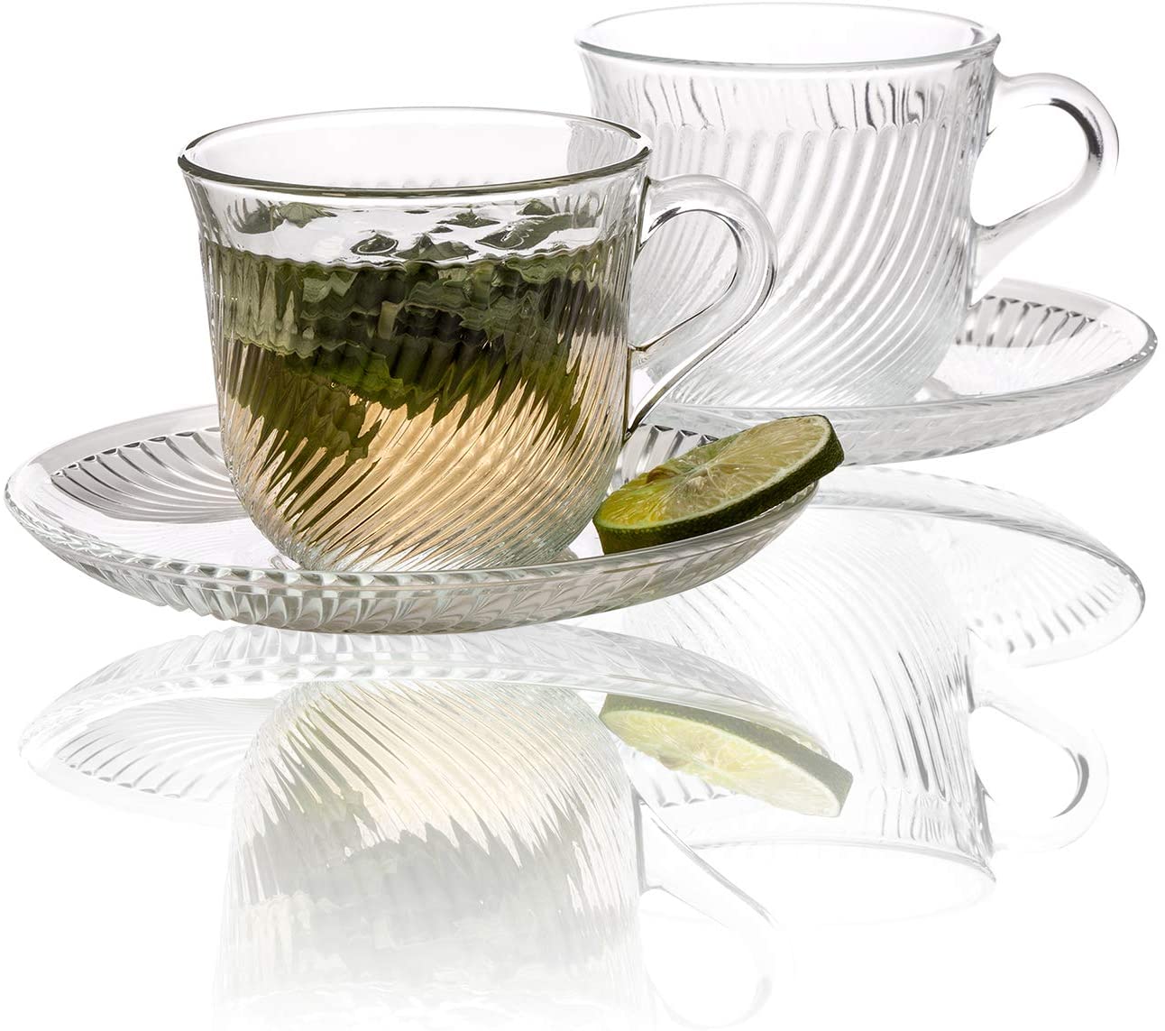 6 Ounces Glass Tea Cups and Saucers Sets, 6 PCs Clear Glass Coffee Mugs and 6-PCs Glass Saucers