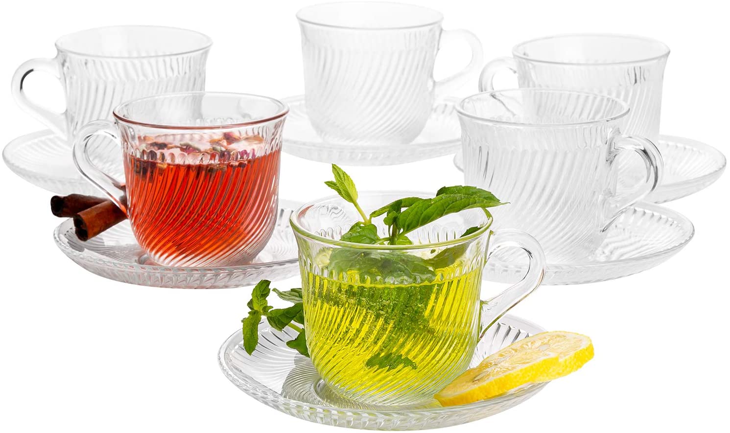 6 Ounces Glass Tea Cups and Saucers Sets, 6 PCs Clear Glass Coffee Mugs and 6-PCs Glass Saucers