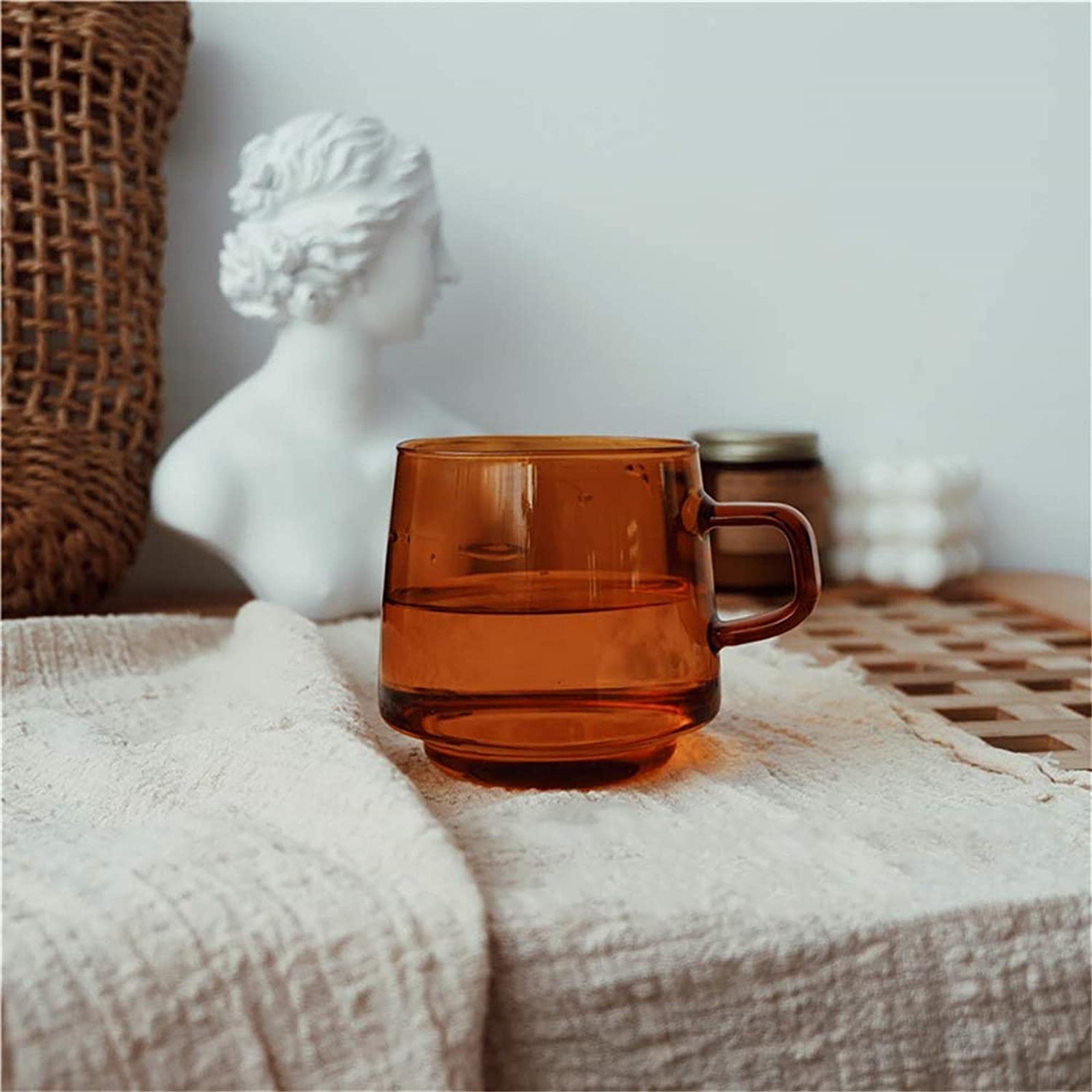 Vintage Glass Coffee Mug with Saucer Amber Glass Tea Cups and Saucers Set with Handle 12oz