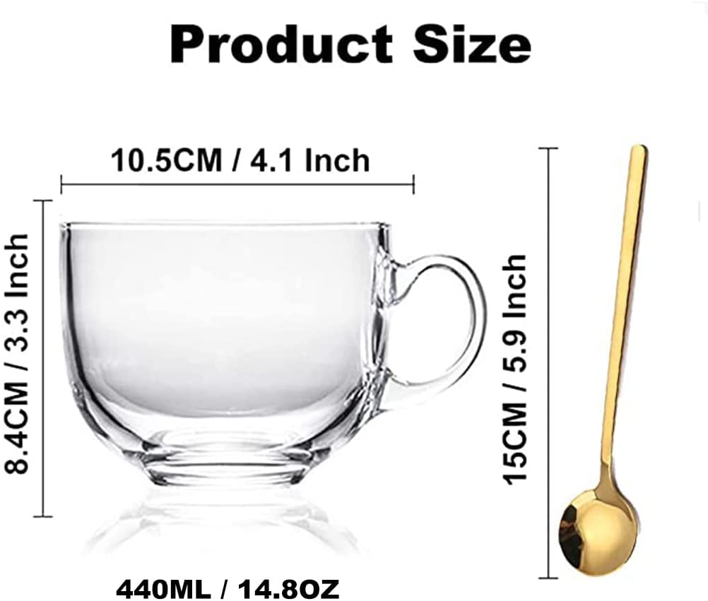 Large Clear Glass Coffee Mugs Set of 2,14.8 oz, 440ml-Wide Mouth Tea Cups with Handle and Spoon