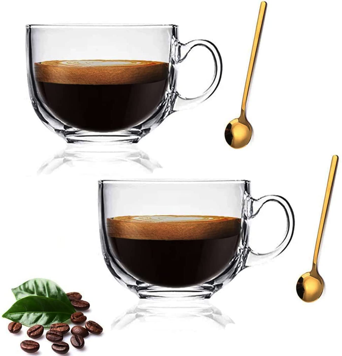 Large Clear Glass Coffee Mugs Set of 2,14.8 oz, 440ml-Wide Mouth Tea Cups with Handle and Spoon