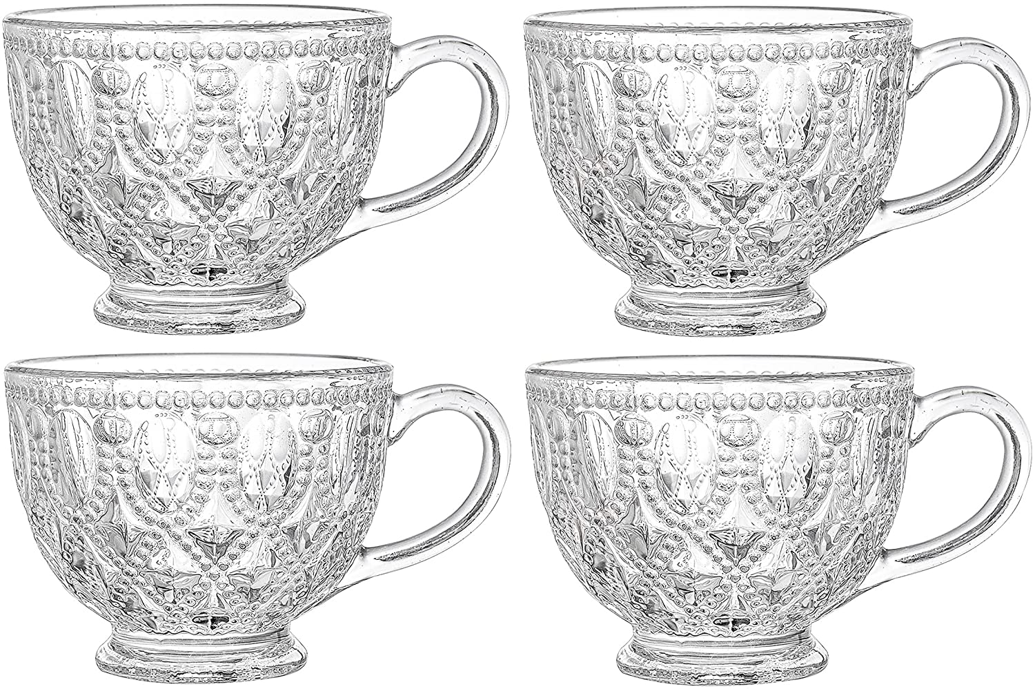 4 Pack Glass Coffee Mugs with Handles - 13.5 Oz Vintage Coffee Mugs Embossed Jumbo Mugs