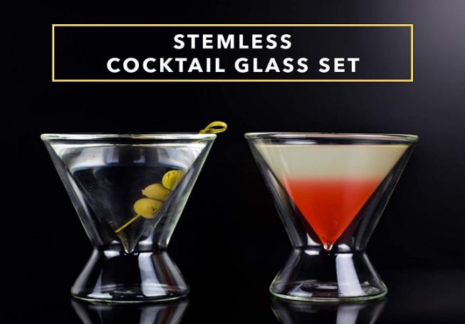 6.5 Ounces Stemless Wine Glasses Insulated Martini Glass Cosmopolitan Glasses for Father's Day Gifts