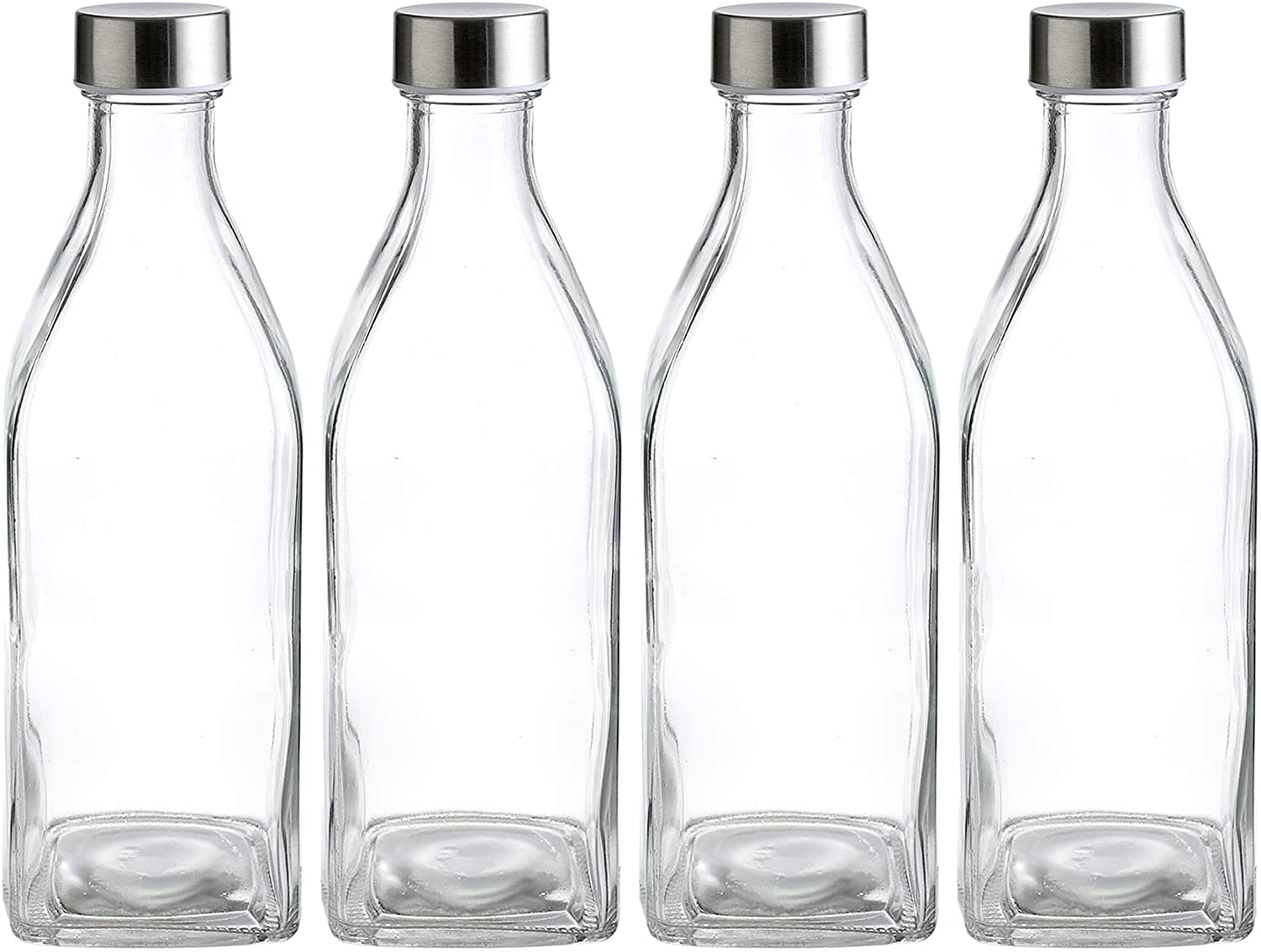 34 Oz Glass Square Water Bottles for Beverages and Juicer Use Stainless Steel Leak Proof Lids