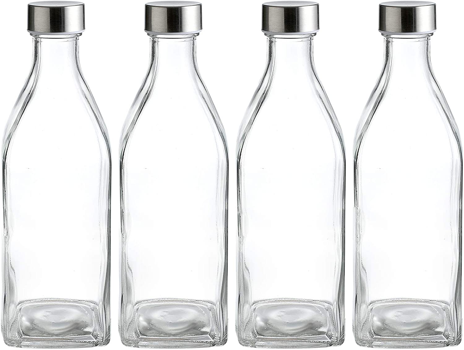 34 Oz Glass Square Water Bottles for Beverages and Juicer Use Stainless Steel Leak Proof Lids